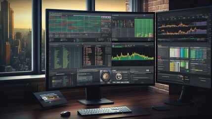 exchange charts, numbers and world trading map displayed on multi screens, background with stock market candle sticks chart - obrazy, fototapety, plakaty