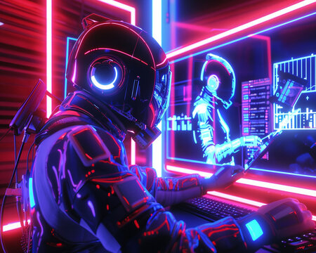 A 3D animator creating a digital art piece featuring a robot police officer bathed in red and blue neon light