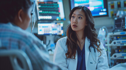 A female doctor wearing a white coat examining a patient in a hospital room with a backdrop of medical equipment and charts