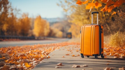 Autumn vacation travel suitcase with copy space for text, travel essentials for fall getaways