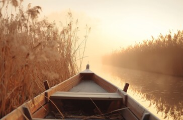 Dawn over the river with a boat - obrazy, fototapety, plakaty