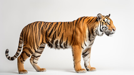 Side view of a tiger standing, isolated on white background.
