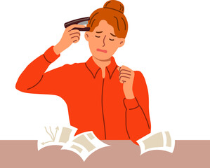 Businesswoman commits suicide, sitting in office due to overload with paperwork, using stapler instead of gun. Girl clerk wants to commit suicide after receiving statistical report from company taxes