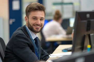 Smiling NATO employee at desk
