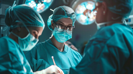 A patient undergoing a medical procedure with a female doctor in a state-of-the-art operating room with a backdrop of advanced surgical equipment - obrazy, fototapety, plakaty