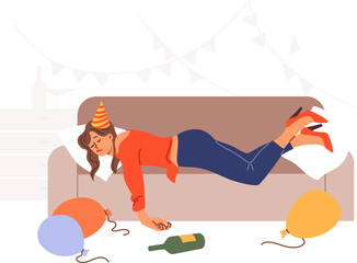 Drunk woman spins on sofa after birthday party, among scattered balloons and bottles. Consequences of party for girl who drank lot of alcohol and felt hangover, for concept of female drunkenness