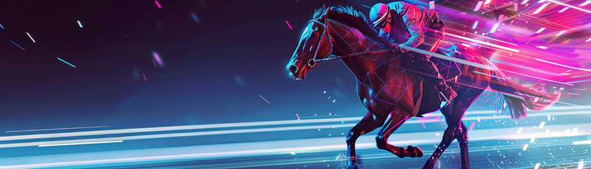 A powerful horse racing through a digital world of neon lights and geometric shapes