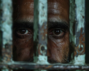 A prisoner staring out through the bars of their cell a look of resignation on their face
