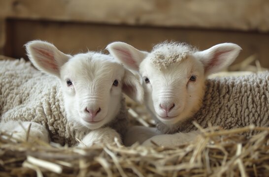 Twin lambs in barn