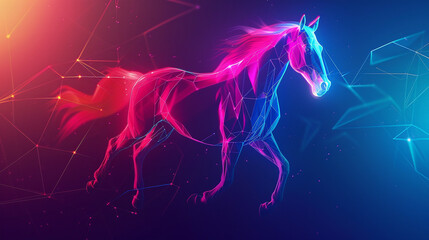 A stylized horse with a glowing electric aura set against a minimalist geometric backdrop