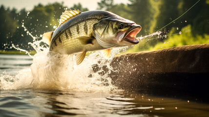Smallmouth bass jumps out of water catching the fishing lure. Big smallmouth Bass perch fishing on a river or lake at the weekend. Fishing concept. 
