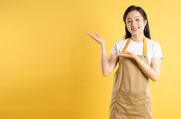 Portrait of Asian housewife girl posing on yellow background