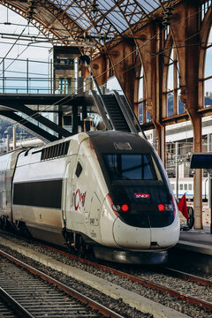 Nice, France - 6 January, 2024: TGV OuiGo train on the railway station platform in Nice