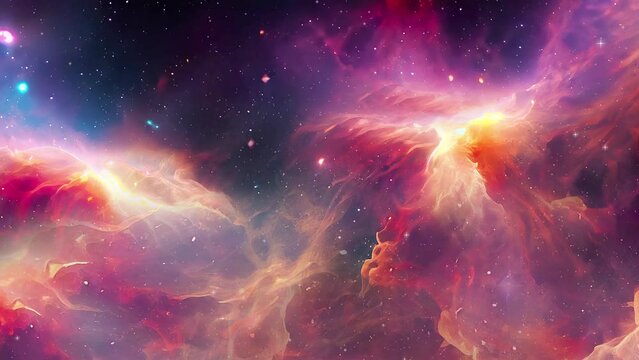 Cosmic nebula. Camera fly through space abstraction. Colored clouds with stars.