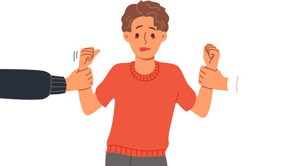 Boy suffers from divorce of parents, who divide child during dissolution marriage and pull baby in different directions. Unfortunate boy became victim family quarrels and divorce of mother and father