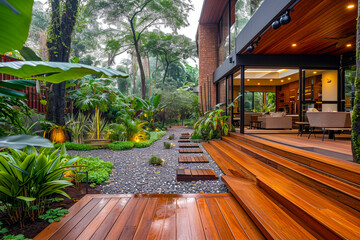 Backyard with wooden deck and stairs leading to it.