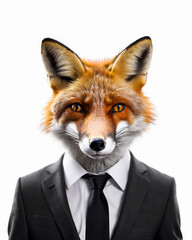 Man in suit with tie and large orange and black fox head. - obrazy, fototapety, plakaty