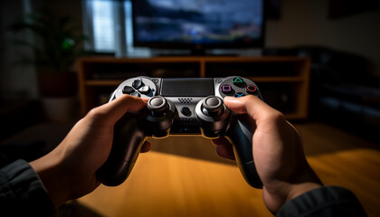 Man's hands holding game controller playing video games.