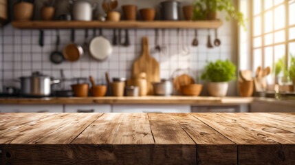 Brown wooden table in kitchen with pots and utensils on it and on the walls. - obrazy, fototapety, plakaty