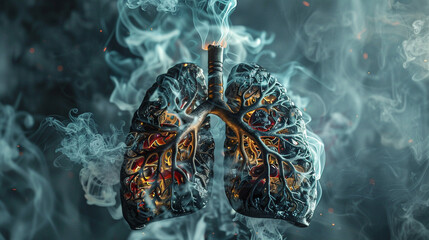 Craft a visually stunning representation of human lungs filled with swirling smoke utilizing intricate patterns and textures to highlight the harmful impact of smoking on the respiratory system - obrazy, fototapety, plakaty