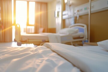 Hospital bed in emergency room blurred background. Abstract blurred medical clinic interior. by AI generated image