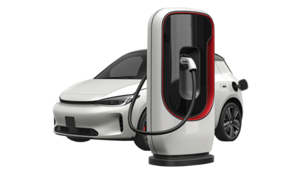 A white electric car is charging at a station on a transparent background.