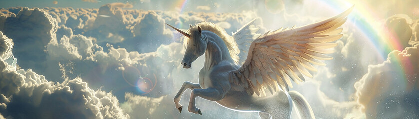 Design a realistic yet fantastical 3D model of a winged horse soaring through the clouds with a rainbow arching overhead - obrazy, fototapety, plakaty