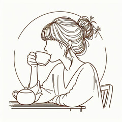 a girl drinking tea, minimal design, outline with solid fill color, background white vector illustration line art