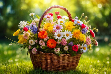 Fototapeta na wymiar Basket full of different types of flowers with sunny background.