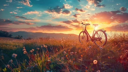 Deurstickers Bestemmingen Bicycle in the sunset in the mountains