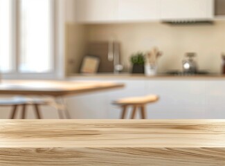 Empty beautiful wood table top counter and blur bokeh modern kitchen interior background in clean and bright, Banner, Ready for product montage