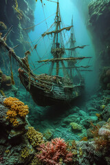 Picture of ship wrecked underwater with rope and chain visible.