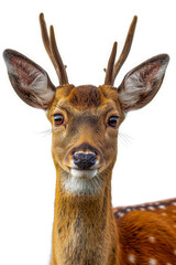 Close up of deer's face with its antlers and large eyes capturing the viewer's attention.