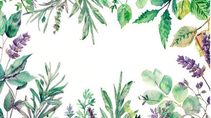 A detailed frame watercolor painting showcasing vibrant green leaves and delicate purple flowers. The leaves are lush and varying shades of green, while the flowers. Banner. Copy space