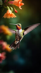Fototapeta premium Hummingbird is flying near yellow flower with orange center.