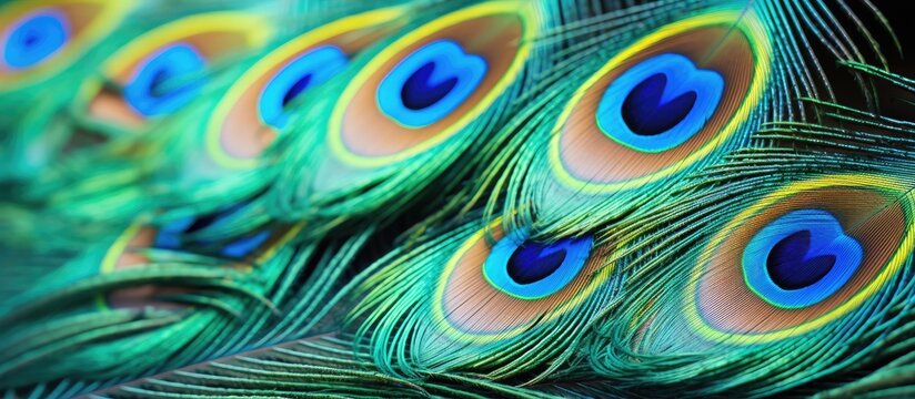 A detailed close up of a peacock feather showcasing intricate blue eyelike patterns resembling the human iris, with shades of green and aqua, resembling a piece of art