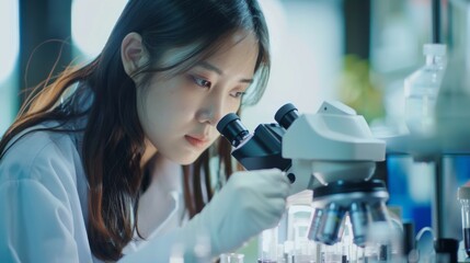 Student young girl examining biotechnology health medical. Researcher asian woman wear lab cost work mixing test tube specialist sample chemist equipment with microscope at laboratory. 