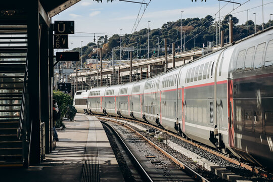 Nice, France - 6 January, 2024: TGV OuiGo train on the railway station platform in Nice