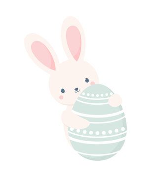 A cute rabbit hugging a big Easter egg, isolated on a white background. Flat vector illustration