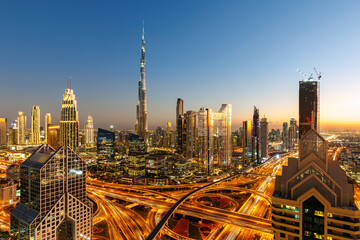 Dubai Burj Khalifa skyline tallest building in the world top view at twilight downtown