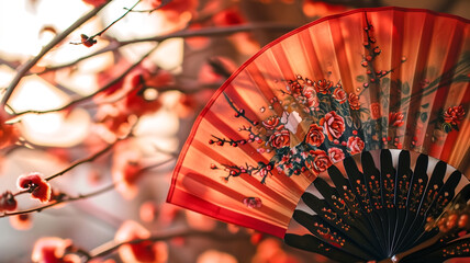 An ornate Chinese fan decorated with floral patterns, set against a backdrop of delicate spring blossoms in soft light.
