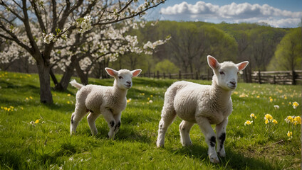 Naklejka na ściany i meble Charming Sheep and Lamb on the Farm: Captivating Images of Spring Agriculture