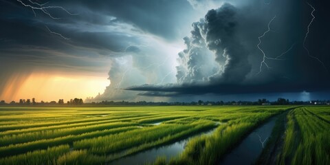 Thunderstorm over the rice field in the evening