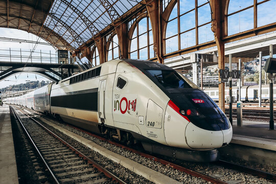 Nice, France - 6 January, 2024: TGV OuiGo train on the railway station platform in Nice
