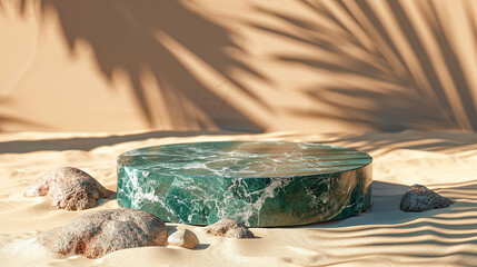 Fototapeta na wymiar Round green marble podium and rocks on sand with palm trees.