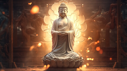 A serene Buddha statue in meditation, surrounded by a radiant backdrop with glowing lights, evoking a sense of peace and spirituality.
