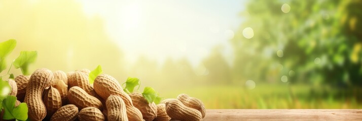 Organic peanuts heap on blurred background with copy space. Healthy snack banner - obrazy, fototapety, plakaty