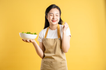Portrait of Asian female housewife holding a bowl of salad and posing against a yellow background