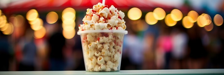 Bowl of popcorn on blurred background with ample copy space, perfect movie night snack idea