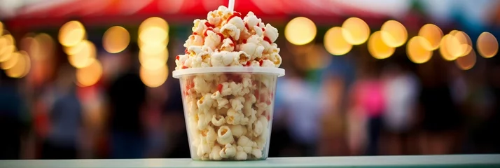 Foto op Aluminium Bowl of popcorn on blurred background with ample copy space, perfect movie night snack idea © Georgi